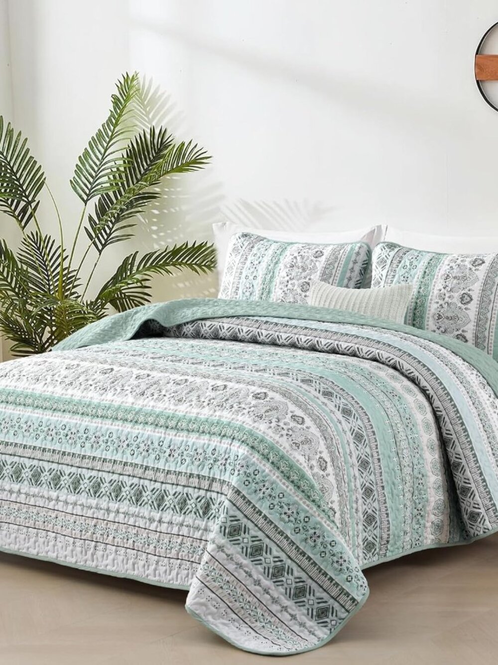Boho Quilt Set Queen Size,3 Piece Green Bohemian Striped Bedspread Coverlet Set